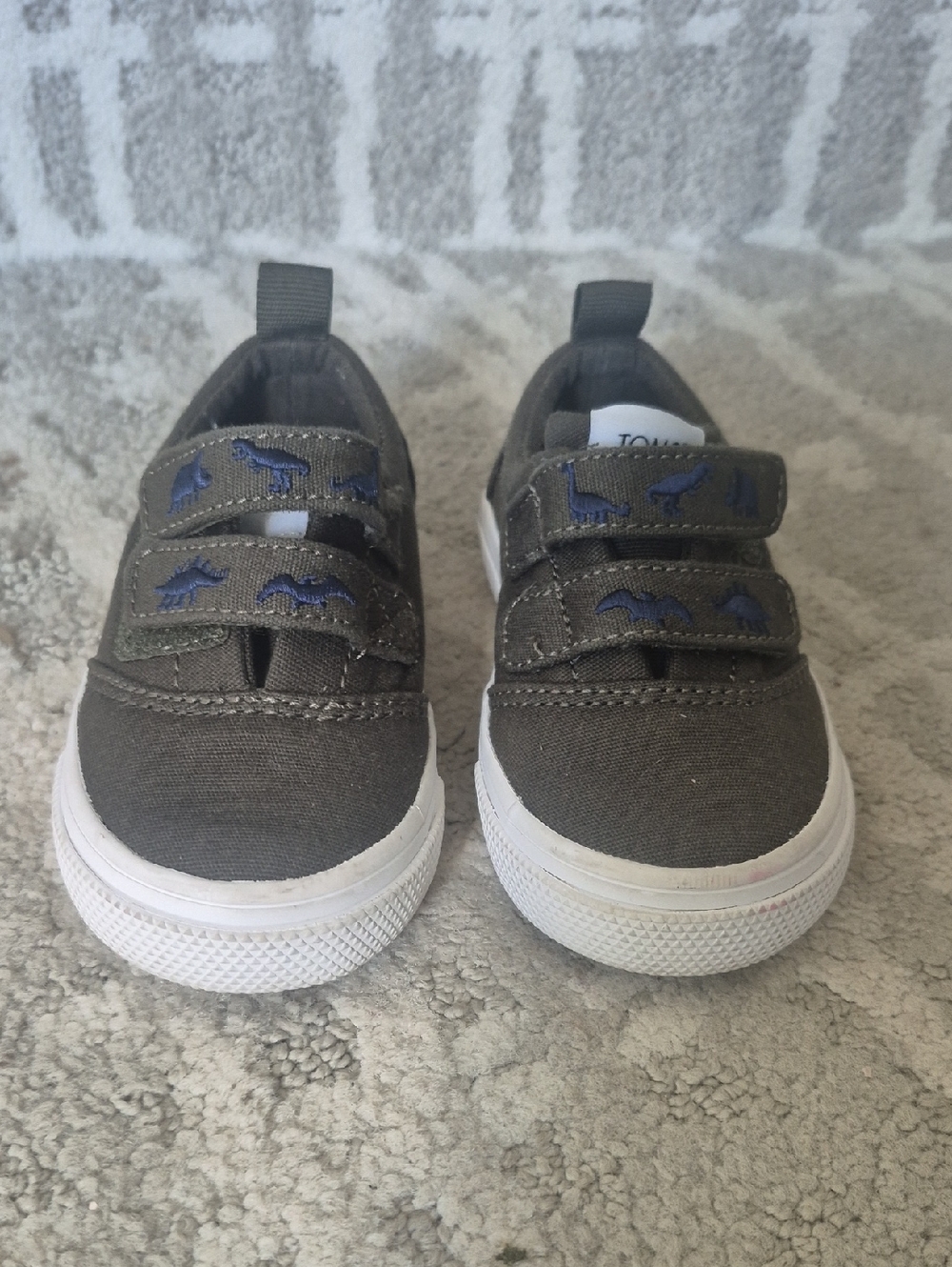 Toms Kids Canvas Velcro Sneakers with Blue Dinosaur Details - Gray